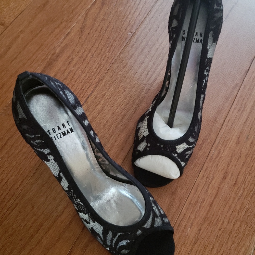 Stuart Weitzman Black Lace, Peep-Toe Pumps